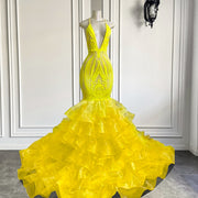 Sexy V-neck Mermaid Ruffle Yellow Organza Sparkly Sequin Long Prom Dresses 2023