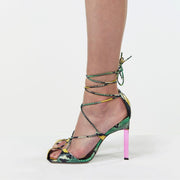 Summer New Color-Blocking High-Heeled Strappy Sandals Fashion Square Toe Snakeskin Pattern Sexy Catwalk Ladies Roman Sandals