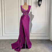 Long Evening Dresses 2022 Sexy High Slit Luxury Beaded Dubai Women Purple Satin Formal Evening Party Gowns robes de soirée