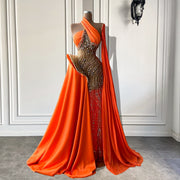See Through Luxury Beaded Crystals Sparkly Orange Long Evening Dresses 2022