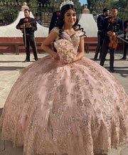 Pink Off The Shoulder Quinceanera Dresses 2023 Sparkly Lace Ball Gown Sweet 16 Princess Dress Gala Vestido De 15 Anos