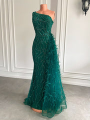 Long Evening Dresses 2022 Real Picture One Shoulder Mermaid Sexy High Slit Green Tulle Beaded Party Formal Gowns
