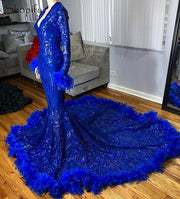 Luxury Long Sleeve Prom Dresses 2023 V-neck Mermaid Style Feather Royal Blue Sequined Feather Prom Gala Party Gowns