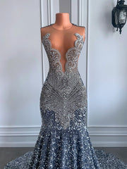 Sexy Long Sparkly Prom Dresses 2023 Sheer O-neck Luxury Silver Crystals Diamond Sequin Mermaid Prom Party Gowns