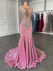 Luxury Long Prom Dresses 2022 Sexy Mermaid Sparkly Pink Sequin Black Girls Crystals Prom Gala Party Gowns For Birthday