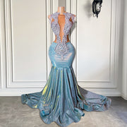 Sparkly Light Blue Mermaid Prom Dress with Beaded Crystals