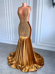 Gold Sheer Top Diamond Velvet Mermaid Prom Dress