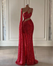 Long Evening Dresses 2023 Sexy High Slit Red Sequin Floor Length Formal Party Evening Gowns
