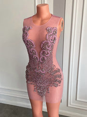 Sparkly Sheer Mesh Women Cocktail Dress Pink Crystals Mini Short Prom Dresses 2023 Birthday Party Gowns