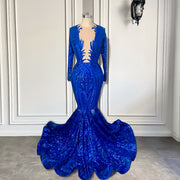 Long Sleeve Prom Dresses 2023 Sheer O-neck Fitted Mermaid Style Sparkly Royal Blue Sequin Women Prom Formal Gowns