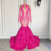 Real Off The Shoulder High Neck Hot Pink 3D Flowers Mermaid Long Prom Dresses 2022