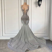 Silver Long Prom Dresses 2023 Sexy Mermaid Fitted Halter Luxury Sparkly Silver DiamondProm Gala G owns