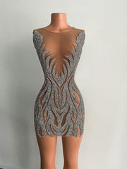 Luxury Sexy See Through Silver Beaded Crystals Short Mini Prom Dresses 2023 For Birthday Party