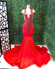 Red Mermaid Prom Dress With Handmade Diamond