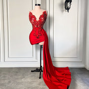 Elegant Halter Sleeveless Beaded Embroidery Women Birthday Party Gowns Red Short Prom Dresses 2023 Side Train