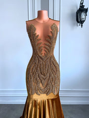 Gold Sheer Top Diamond Velvet Mermaid Prom Dress