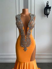 Orange Long Prom Dresses 2023 Sexy Mermaid Style Sheer O-neck Sparkly Luxury Silver Diamond Spandex Prom Gowns
