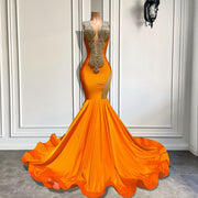 Orange Long Prom Dresses 2023 Sexy Mermaid Style Sheer O-neck Sparkly Luxury Silver Diamond Spandex Prom Gowns