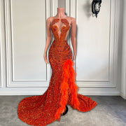 Luxury Long Orange Prom Dresses 2023 Sexy Side Slit Feather Sheer O-neck Luxury Diamond Mermaid Prom Party Gowns