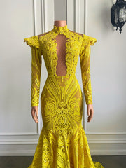 Long Elegant Prom Dresses 2023 See Through Sexy Long Sleeve Sparkly Yellow Sequin Mermaid Prom Gowns