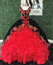 Black and Red Spaghetti Straps Dresses For Quinceanera 2023 Tiered Ball Gown Sweet 16 Princess Gala Vestido De 15 Anos