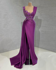 Long Evening Dresses Sexy High Slit Luxury Beaded Dubai Women Purple Satin Formal Evening Party Gowns robes de soirée