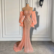 Elegant Long Sleeve Evening Dress Off The Shoulder  Sexy High Slit Pink Sequin Evening Party Gowns