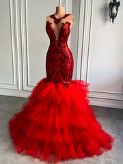 Long Elegant Prom Dresses 2024 Ruffles Mermaid Style Fitted Sparkly Sequin Red Tulle Prom Gala Gowns Real