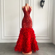 Long Elegant Prom Dresses 2023 Real Sexy See Through Sparkly Red Sequined Feather Black Girl Mermaid Prom Gala Gowns
