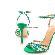 2022 Summer Ladies New Stiletto Round Toe High Heel Open Toe Rhinestone Large Size Buckle Hollow Cross Sandals Gift for Women