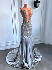 Sexy Sheer See Through Top Women Prom Gowns Luxury Sparkly Diamond Silver Velvet Mermaid Long Prom Dresses 2023