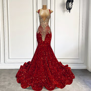 Gorgeous Long Prom Dresses 2023 Mermaid Style Luxury Sparkly Silver Crystals Red Sequin Prom Party Formal Gowns