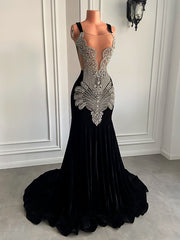 Luxury Long Prom Dresses 2023 Sexy Mermaid Style Sparkly Silver Diamond Crystals Velvet Prom Party Gowns