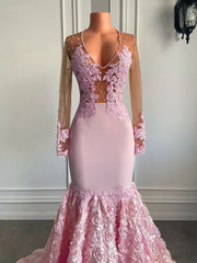 Long Pink Prom Dresses 2023 V-neck Long Sleeve Top See Through Beaded Lace 3D Flowers Mermaid Prom Dress