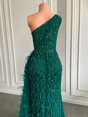 Long Evening Dresses Real Picture One Shoulder Mermaid Sexy High Slit Green Tulle Beaded Party Formal Gowns