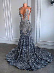 Sexy Long Sparkly Prom Dresses 2023 Sheer O-neck Luxury Silver Crystals Diamond Sequin Mermaid Prom Party Gowns