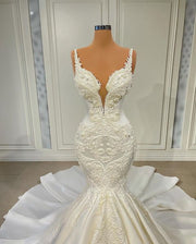 Vintage Sexy Mermaid Wedding Dress V-neck Sleeveless Pearls Lace  White Bridal Wedding Gowns
