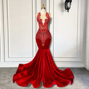 Long Prom Dresses 2023 Luxury Sparkly Beaded Diamond Sexy Mermaid Sheer Top Red Velvet Prom Gala Gowns
