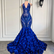 See Through Long Prom Dresses 2023 Sexy V-neck Sequin Rose Flowers  Royal Blue Mermaid Sequin Prom Dress