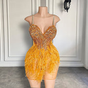 Golden Feathered Sparkly Mini Dress