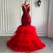 Long Elegant Prom Dresses 2024 Ruffles Mermaid Style Fitted Sparkly Sequin Red Tulle Prom Gala Gowns Real
