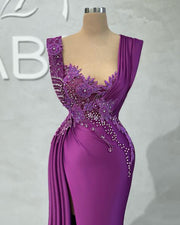 Long Evening Dresses Sexy High Slit Luxury Beaded Dubai Women Purple Satin Formal Evening Party Gowns robes de soirée