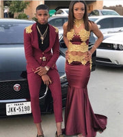Sexy Two Piece Burgundy Mermaid Prom Dresses With Gold Lace Appliques Satin Women Long Party Evening Gowns