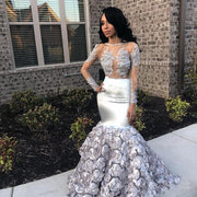 Sexy Mermaid Silver Prom Dresses Long 2019 Illusion Top Long Sleeves Appliqued Party Gown With Floral Train
