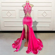 Pink Mermaid Prom Dress with Slit and Glitter Crystals