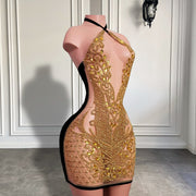 Gold Beaded Velvet Mini Cocktail Dress