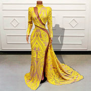 Sexy See Through Long Mermaid Evening Dresses Sparkly Sequin Gold High Neck Full Sleeves Women Formal Occasion Prom Gowns