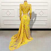 Sexy See Through Long Mermaid Evening Dresses Sparkly Sequin Gold High Neck Full Sleeves Women Formal Occasion Prom Gowns