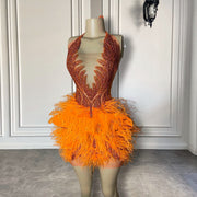 Sexy See Through Luxury Orange Diamond Women Formal Birthday Party Gowns Feather Mini Short Prom Dresses 2023