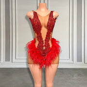 Red Diamond Feather Mini Prom Dress